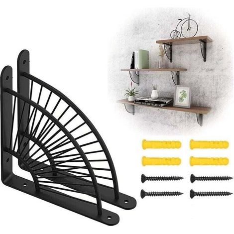 Lot de 2 Supports d'étagère Noire, Angle étagère dorée, Supports pour étagères murales latérales, Support pour étagère Angle, Cadre Forme éventail (1/4)