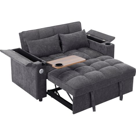 Sofá cama 3 en 1 de 2 plazas gris con USB, Type-C, mesa oculta y respaldo reclinable (1/5)