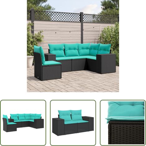 Gartenmöbel - 5-teiliges Gartensofa-Set mit Kissen, schwarzes Polyrattan (1/5)