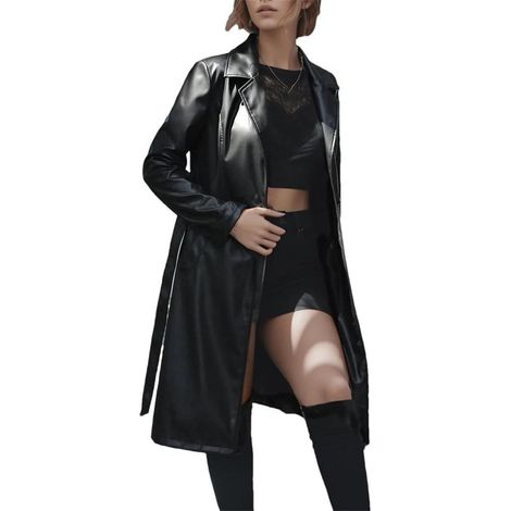 Manteau à manches longues en cuir synthétique pour femme avec ceinture pour l'automne et le printemps (1/5)