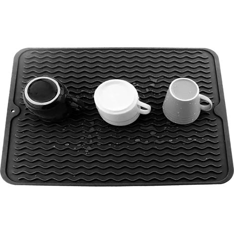 Tappetino scolapiatti in silicone di grandi dimensioni con spazzola per la pulizia del piano di lavoro, scolapiatti, tappetino per asciugare, sottopentola resistente al calore (nero, 40×30 cm)