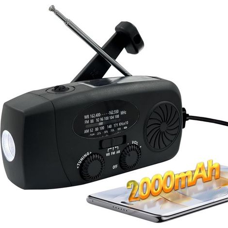 Radio di emergenza manuale con torcia a LED, radio meteo portatile NOAA AM/FM con caricabatterie per telefono da 5000 mAh, funzione di ricarica USB e alimentazione solare per campeggio e uso di emerge (1/5)