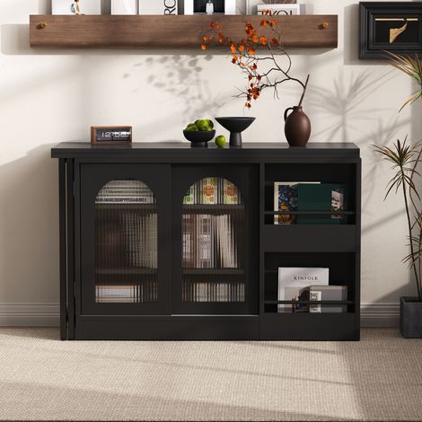 Table de bar extensible 360° rotative noire, avec rangement et porte vitrée, meuble buffet réversible pour cuisine, café ou bar moderne. (1/4)