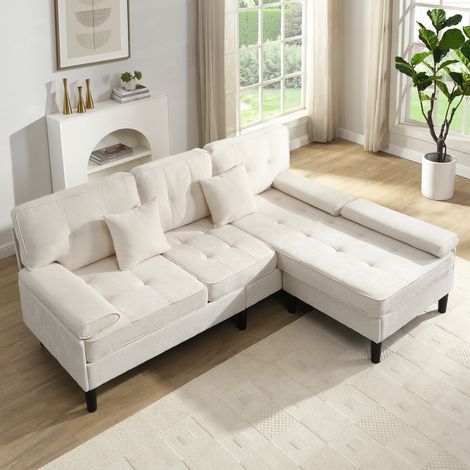 Canapé d'angle en chenille en forme de L,canapé 3 places multifonctionnel avec méridienne et couchage, repose-pieds amovible,195 cm de large,beige (1/5)