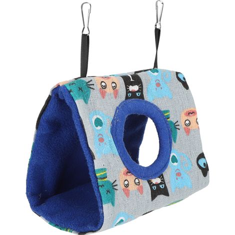 Nid douillet en peluche, hamac suspendu moelleux avec motif chat et fond bleu, idéal pour hamster, perroquet et perruche. (1/5)