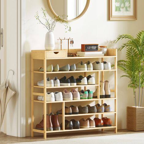 Étagère à chaussures en bambou naturel, avec 6 étagères et un tiroir, pouvant contenir jusqu'à 18 paires de chaussures. Idéale pour une entrée ou une chambre. Dimensions : 101 x 30 x 100 cm. (1/5)