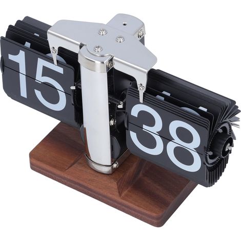 Horloge de bureau à affichage automatique rétro, base en bois, lecture facile, 24 heures, mécanique, pour salon ou bureau, noire (1/5)