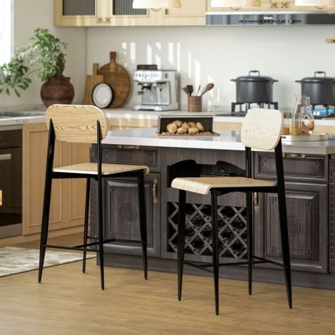Deux tabourets de bar avec repose-pieds, structure en métal, hauteur d'assise de 66 cm, peuvent servir de chaises de cuisine, faciles à monter, design industriel, couleur bois naturel + noir.