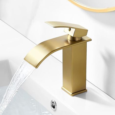 Kaelt  -  Robinet cascade salle de bain doré brossé, mitigeur en laiton sans tirette, hauteur sous bec 107 mm, style moderne et élégant pour vasque ou lavabo (1/5)