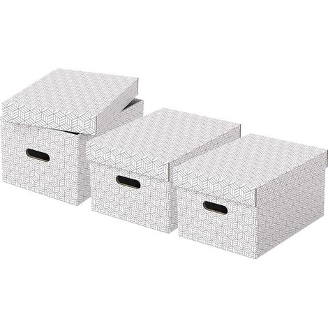 Esselte Set di 3 Contenitori Medi con Coperchio in Cartone Riciclato e Riciclabile al 100%, Ottimali per lo Stoccaggio e l'Archiviazione, Design Geometrico, 265 mm x 205 mm x 365 mm, Bianco (1/4)