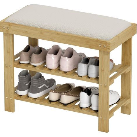 Banco zapatero con asiento de bambú y almacenaje 60 x 29 x 49 cm blanco crema (1/5)