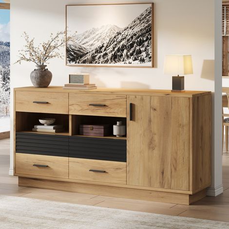 MODFU – Aparador de almacenamiento 140x35x70 cm de MDF con 6 cajones y 1 puerta, 12 espacios y carga 30 kg – Roble/negro (1/5)