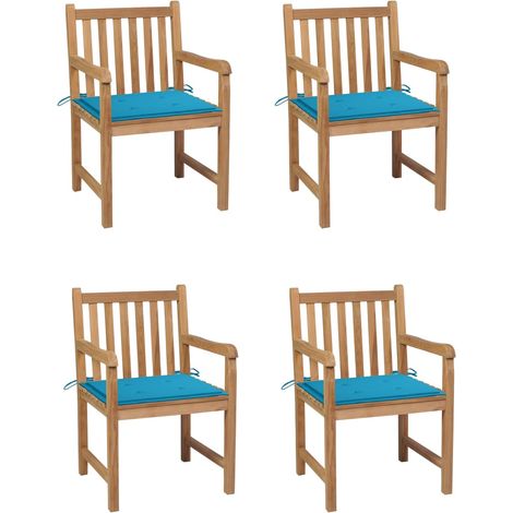 Sillas de jardín 4 uds madera maciza de teca con cojines azules