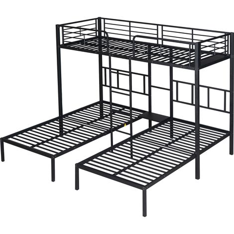 Litera triple de metal negro 90 x 200 cm con escalera y mesita de noche (1/5)