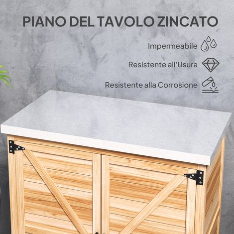 Gartenschrank mit Einlegeboden und Werkbank aus Buche und verzinktem Stahl, 79 x 43 x 92 cm, Holz