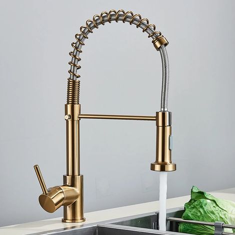Robinet de cuisine en métal doré brossé, mitigeur eau chaude/froide à douchette extractible et double jet, rotation à 360°, avec flexible gris doré brossé. (1/5)
