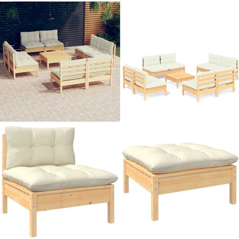 Salon de jardin 9 pcs avec coussins crème bois de pin - Salon De Jardin - Mobilier De Jardin - Ensemble De Salon - Meubles De Terrasse - Chaise Longue - Home & Living (1/5)