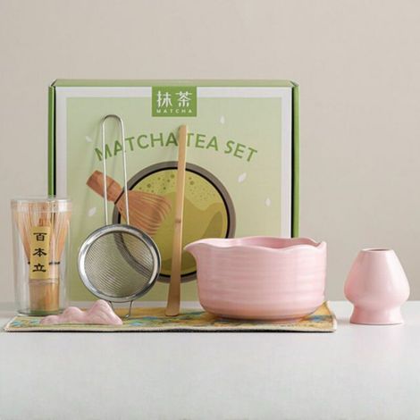 Ensemble Matcha - Bol Céramique + Fouet Bambou + Cuillère + Soucoupe + Torchon + Repose-Cuillère + Passoire - 7 Pièces - Rose (1/5)