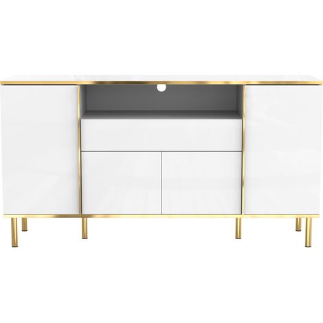 Hohes Sideboard Weiß Hochglanz 150 x 40 x 80 cm mit 4 Türen, 1 Schublade und LED, Gold (1/5)