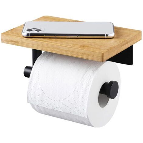 Porte Papier Toilette,Support Porte Papier Toilette avec Etagère en Bambou Plateau,Derouleur Papier Toilette Murale,Porte Rouleau Papier,Auto-adhésif Porte-Papier Toilette Salle de Bain sans Perçage (1/4)