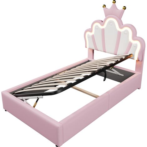Letto imbottito 90 x 200 cm con LED e vano contenitore idraulico, testiera regolabile, PU rosa (1/5)