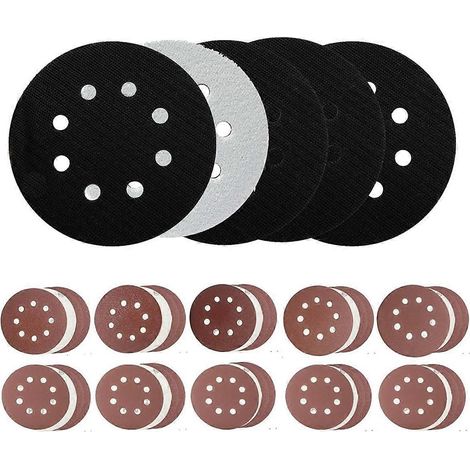 Lot de 5 disques de ponçage en mousse de 5 pouces (12,7 cm) à 8 trous pour ponceuse orbitale, avec support auto-agrippant et 40 disques de ponçage. (1/4)