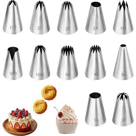 Set di 12 beccucci professionali per sac à poche, grandi e riutilizzabili in acciaio inossidabile, ideali per decorare torte, cupcake, biscotti e dessert. (1/5)