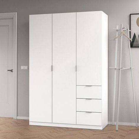 Pegane – Armoire penderie 3 portes blanc – Dimensions 200 x 135 x 52 cm – 3 tiroirs et 3 tablettes de rangement – Design contemporain