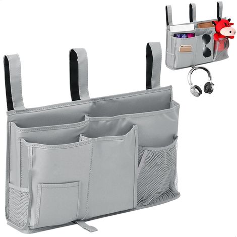 Poche Rangement Lit, Panier Suspendu Rangement 8 Poches, Tablette Lit Mezzanine en Toile, Porte Document Mural pour Magazine, Téléphone, Stylos, Télécommande, Gris 50 30 10cm (1/5)