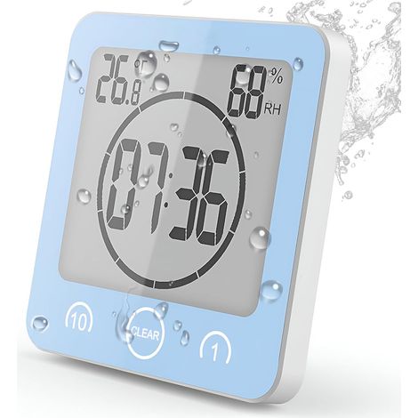 Horloge de Salle de Bain, Horloge de Douche Contrôle Tactile étanche, Alarme Numérique LCD, Thermomètre Hygromètre, Minuterie de Compte à Rebours, Alimenté par Pile, pour Maquillage Cuisine (Bleu) (1/5)