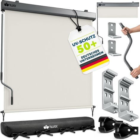 tillvex® Senkrechtmarkise 140x250 cm Beige für Außen- und Innenbereich Außenrollo wasserfest mit Handkurbel für Balkon, Terrasse & Garten Balkonrollo Sonnenschutz aus Aluminium Rollo Sichtschutz