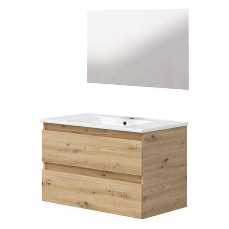 ONDEE ZEN - Meuble salle de bain à suspendre LILA - 80cm - 2 Tiroirs - Bois - Miroir