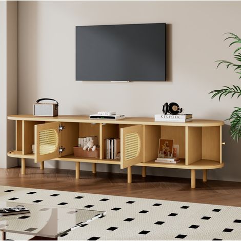 Mueble TV ovalado 180 x 40 x 40 cm en MDF color madera clara, estilo ratán, para TV de 75" (1/5)