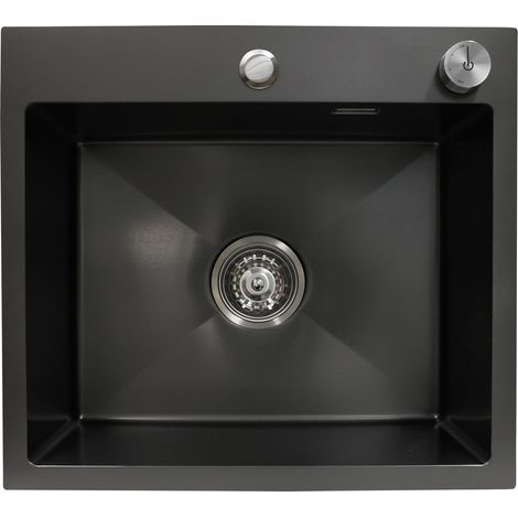 Évier de cuisine en acier inoxydable noir mat avec siphon et commande confortable de vidange - Résistant aux rayures - Facile d'entretien - Pour meuble bas de 45 cm (50 × 45 cm) (1/5)