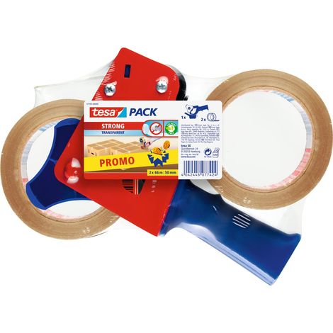 tesapack Set Dispenser Manuale con 2 Rotoli tesapack Strong Trasparenti, Dispenser Professionale in Metallo e Plastica, Nastro Adesivo Forte da Imballaggio 66 m x 50 mm