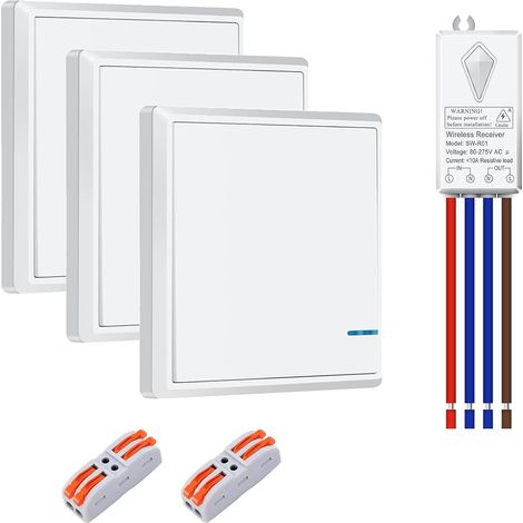 Interrupteur sans fil avec récepteur,3 interrupteur radio lumière Interrupteur mural sans fil,portée RF 400m,10A 1000W,solution va-et-vient pour lampes,escaliers,garage et cave (1/5)