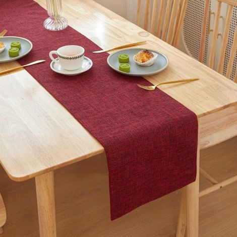 Tovaglia in lino per uso domestico, 30 x 180 cm, tovaglia da tè finemente lavorata color bordeaux. (1/5)