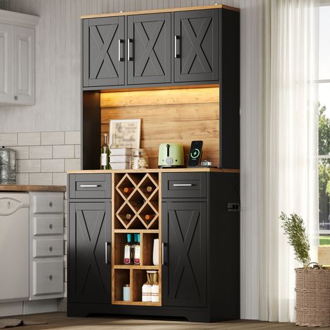 Armario Alto de Cocina con 2 Cajones, Botellero Extraíble, LED RGB y Enchufes, MDF, Natural Negro, 105×40×180 cm (1/5)