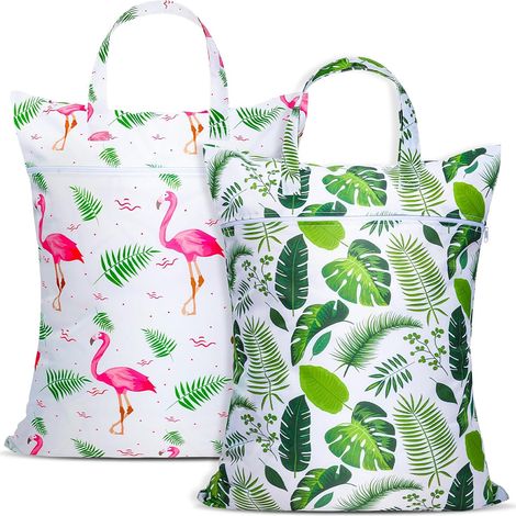 Paquete de 2 bolsas grandes de viaje para ropa sucia con asas, impermeables y lavables para guardar ropa húmeda y seca en el gimnasio o la piscina. Estampado de hojas verdes y flamencos. (1/5)