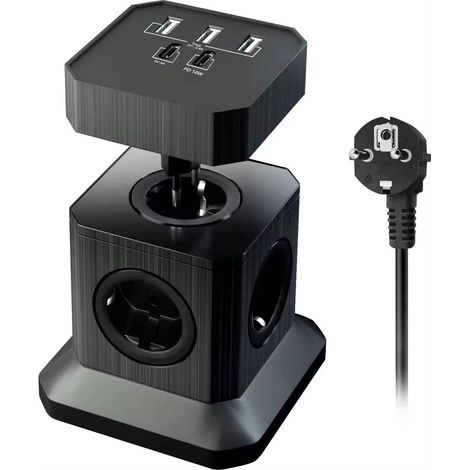 Multiprise (16A/4000W) 4 Prises françaises avec 3 Ports USB et 2 Port Type-C, Bloc Multiprise Parafoudre et Surtension avec Interrupteur, Câble 2Mpour Maison Bureau,Voyage (Noir) (1/3)