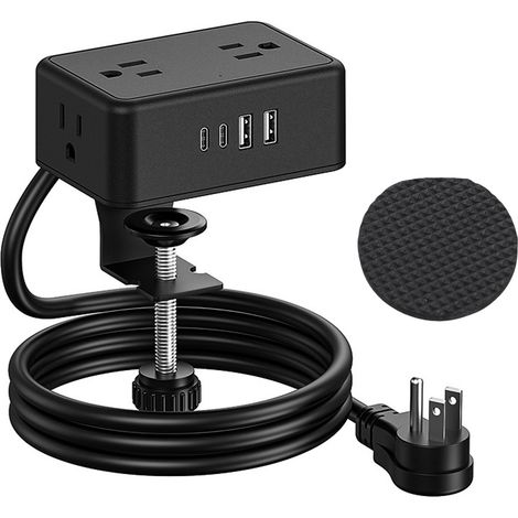 Multiprise à pince de bureau, station de charge de bureau avec 4 prises USB (2 C), câble de 2 mètres (6,56 pieds) pour surfaces de 3 mm à 45 mm d'épaisseur, prise américaine. (1/5)