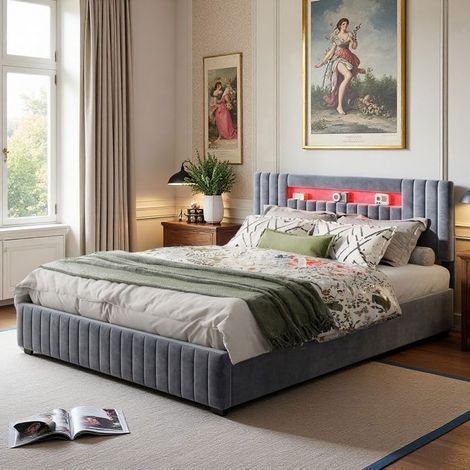 Letto cofanetto 160x200 - Letto matrimoniale - Illuminazione LED RGB - Magazzino idraulico - Velluto grigio