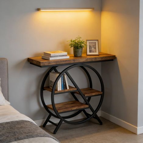 Table console noire en métal et bois avec 3 niveaux de rangement, style élégant, étagères ouvertes (1/5)