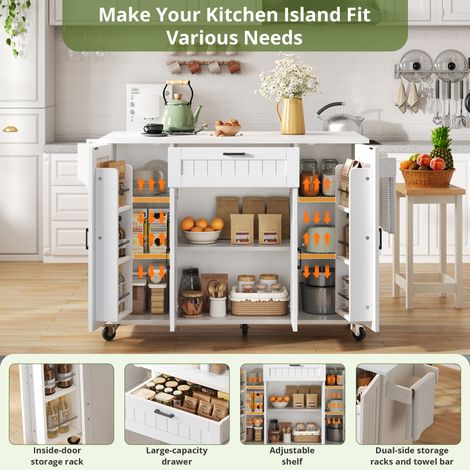 Îlot de cuisine blanc 120×45(70)×95cm plan travail pliant sur roues,4 portes 1 tiroir,supports et porte-serviettes double face.