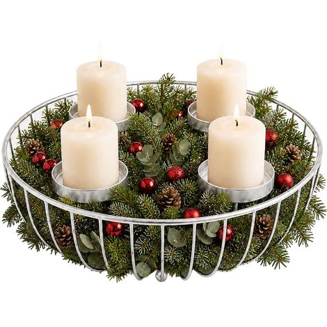 Relaxdays Adventskranz, 4 Stumpenkerzen, Metall, HxD: 10 x 33 cm, moderne Adventsdekoration, Weihnachtskranz, silber (1/5)