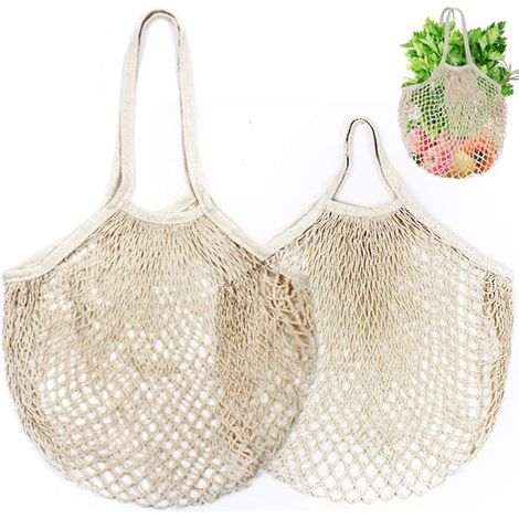 Lot de 2 sacs filet réutilisables en coton, sacs à provisions et à fruits, légers et écologiques, sacs au crochet pour courses et rangement, beige (1/5)