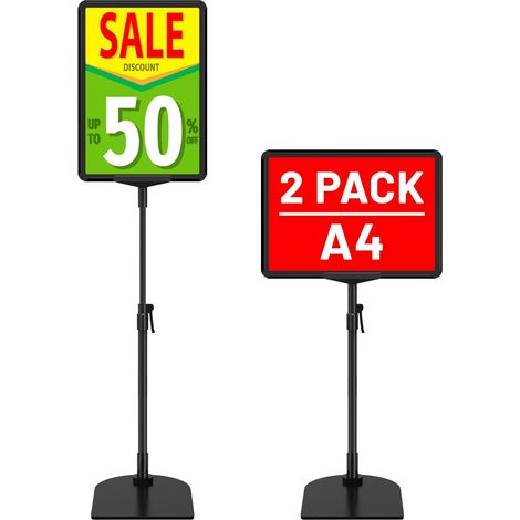 Lot de 2 Porte Affiche A4 sur Pied Réglable - pour Comptoir et Sol - Présentoir Métallique - Supports d'affichage Panneau - Signalisation pour Menu, Publicité, Signalisation, Magasin et Bureau (1/5)