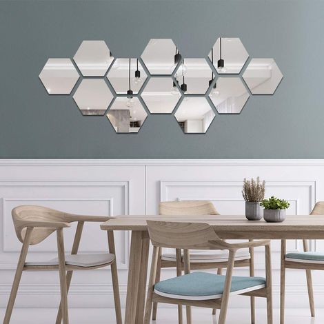 12 Pièces Miroir Acrylique Adhésif Autocollant Mural Miroirs Muraux Stickers Salon Chambre Décor 17.7 cm x 15.3 cm (Hexagone, Argent)