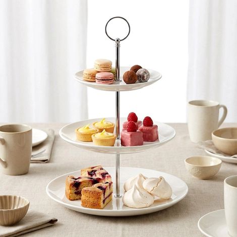 Dreistöckige Porzellan-Etagere, weiß, 34 cm