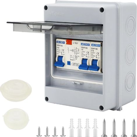 Boîte à fusibles en saillie à 5 compartiments avec disjoncteur différentiel IP65 - Pour garage, atelier - En saillie - Sous-distribution 63 A 30 mA RCD 5MCB (2 × 1P6A + 1P10A + 1P20A + 1P32A) (Route 2 (1/5)